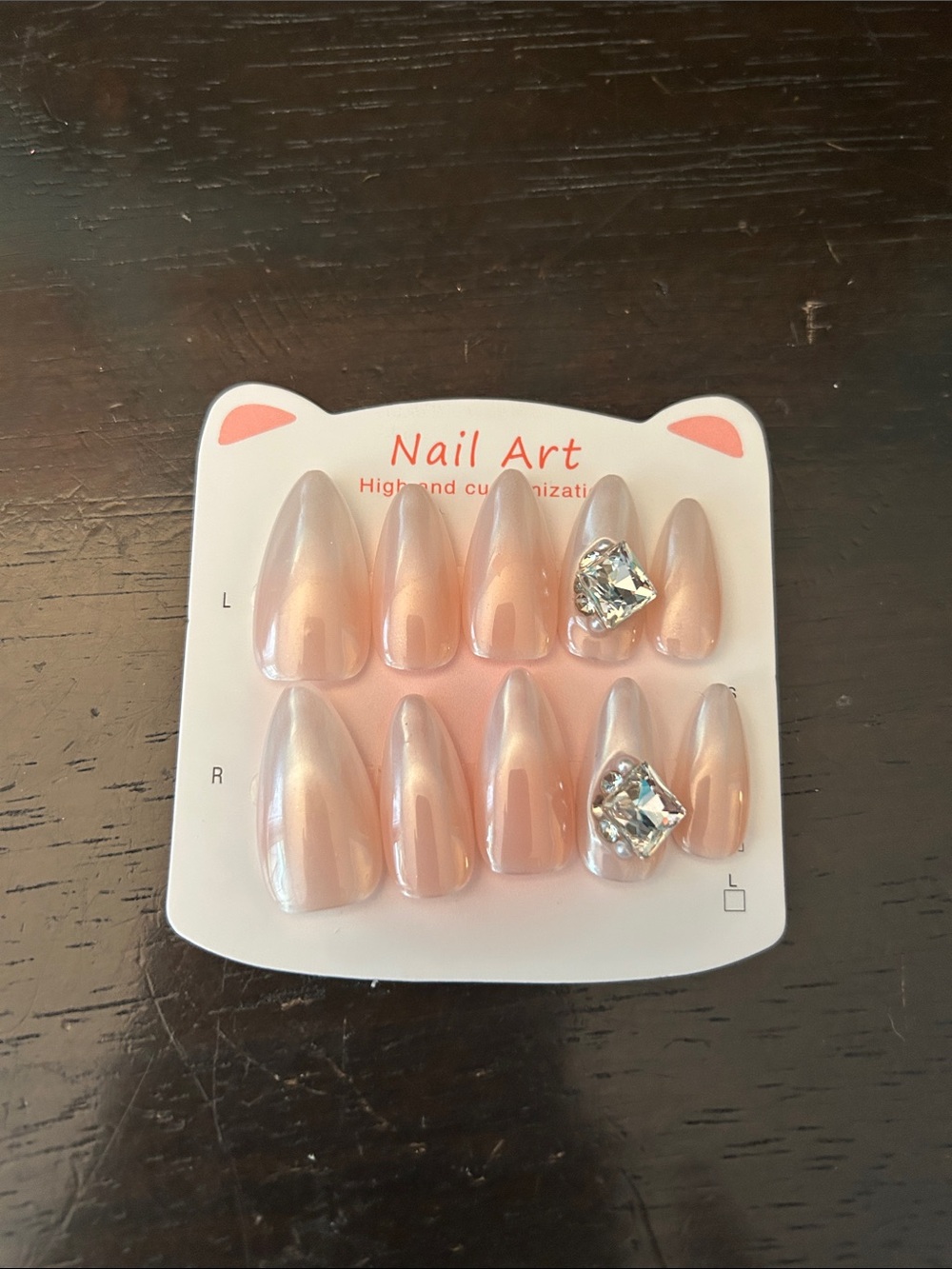 Pearl Peach Press-On Nails with Rhinestone Accent
